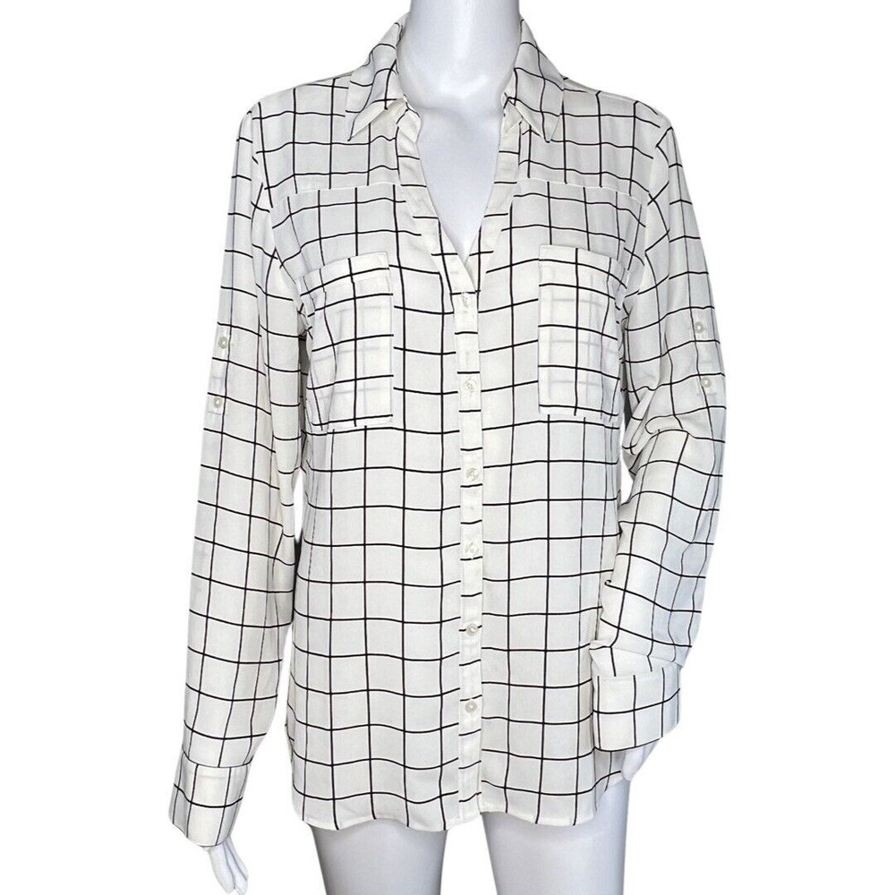 Express Shirt Women Medium Portofino White‎ Black Windowpane Plaid Office Casual